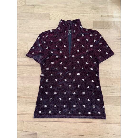 Chanel 20N Navy Blue Fuchsia Pink Silver Sequin CC Logo Stretch Top T Shirt 38 - Picture 13 of 16